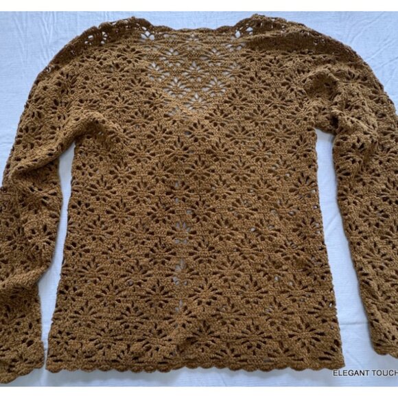 Moda International Womens Cardigan Sweater S Crochet Brown Open Front-Tie Knit - Picture 5 of 9